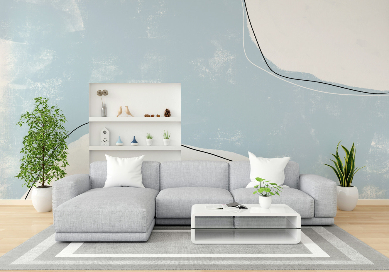 A beautiful powder blue wallpaper mural with artistic strokes.

