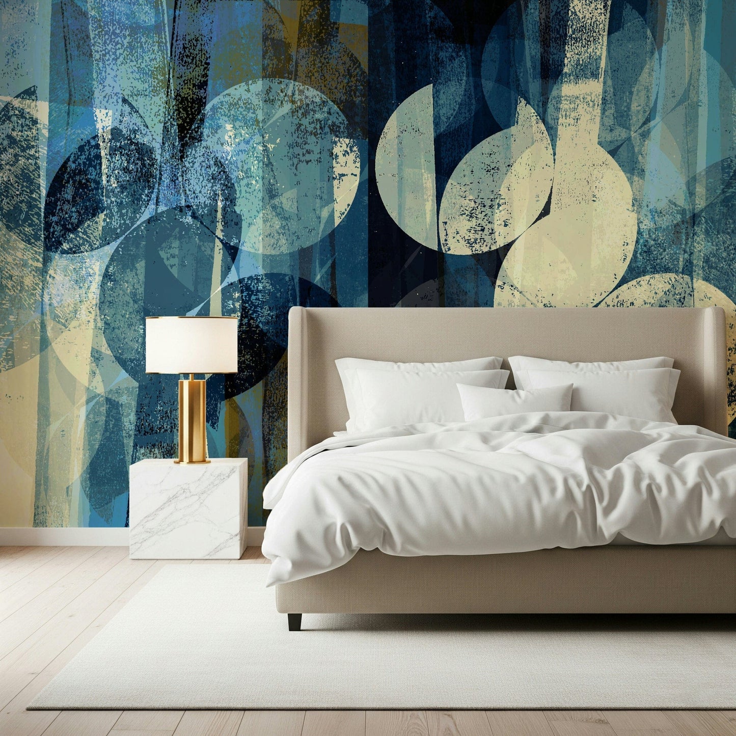 A peaceful modern abstract mural on decorative wallpaper.