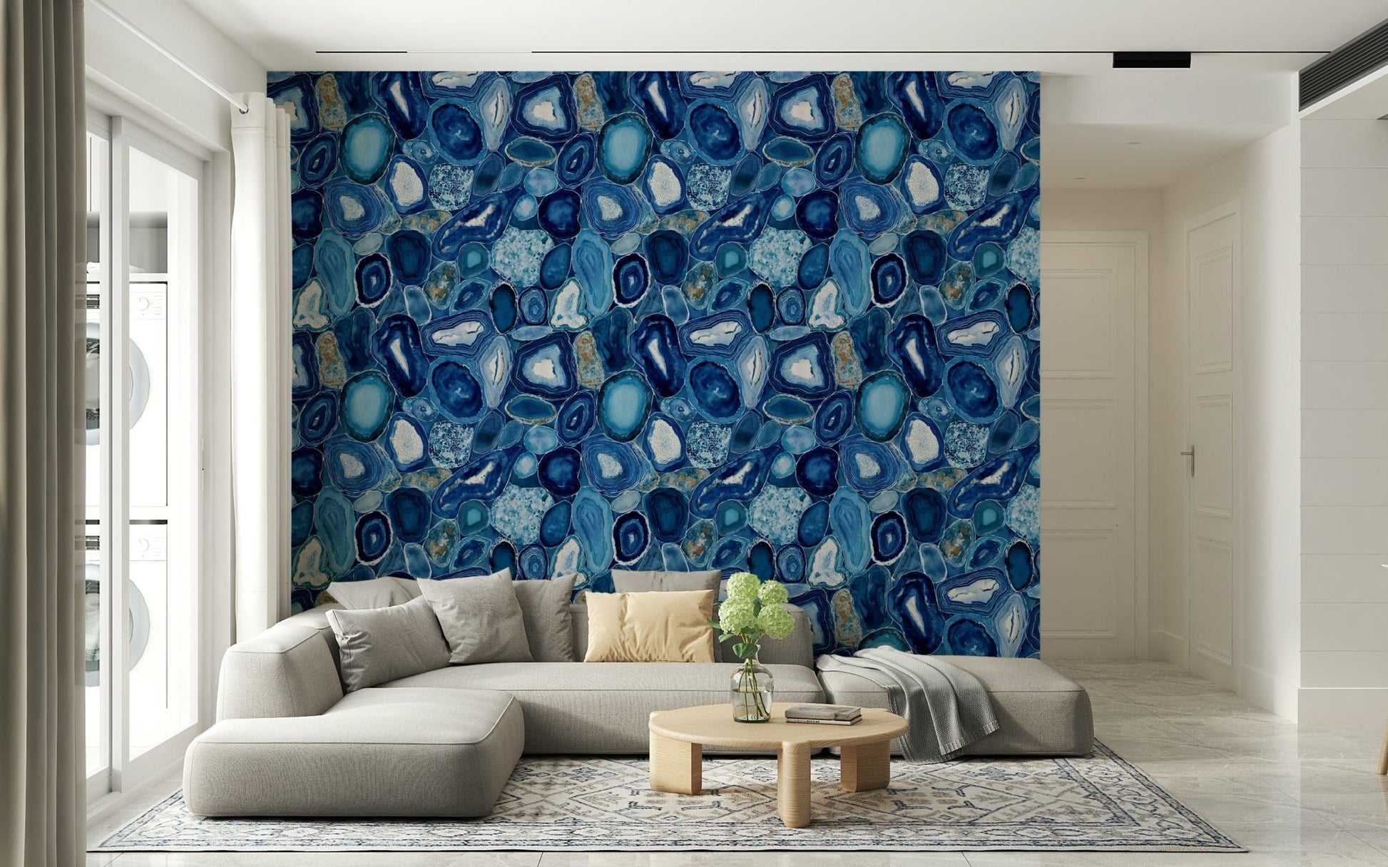 Luxurious wallpaper inspired by the organic shapes of blue agate stones