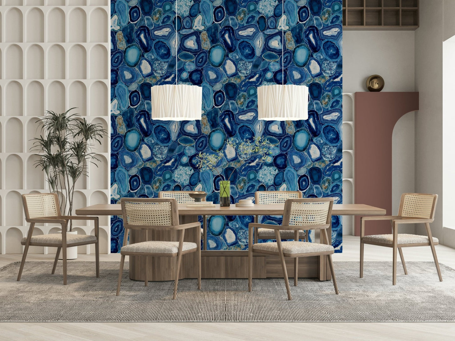 Close-up design of layered blue agate gemstones for a sophisticated wall look