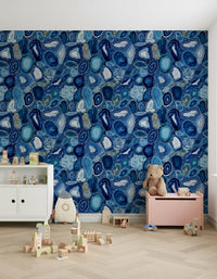 Decorative wall mural with abstract patterns of blue agate slices