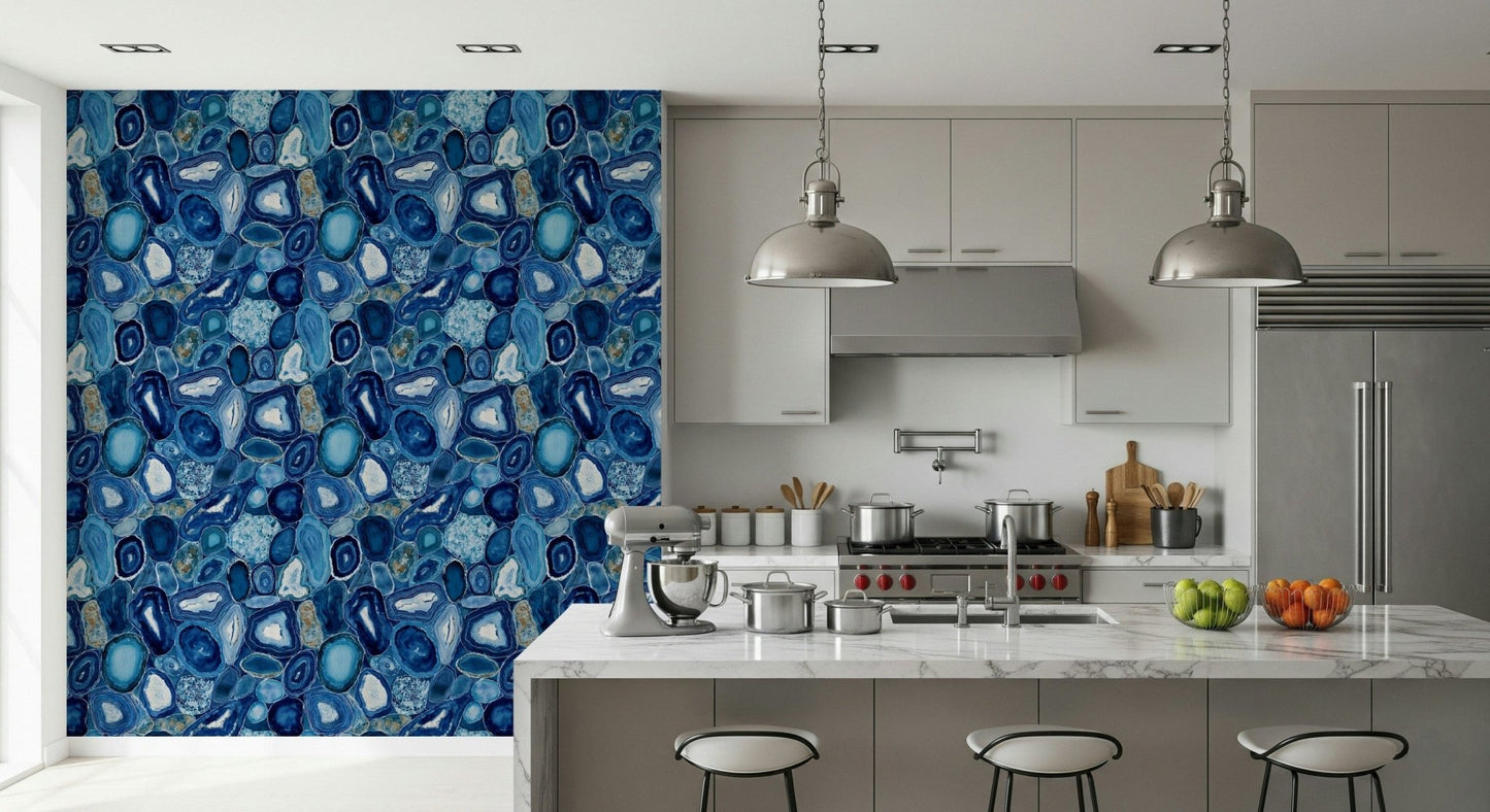 Artistic wall covering showing polished blue agate slices with intricate textures