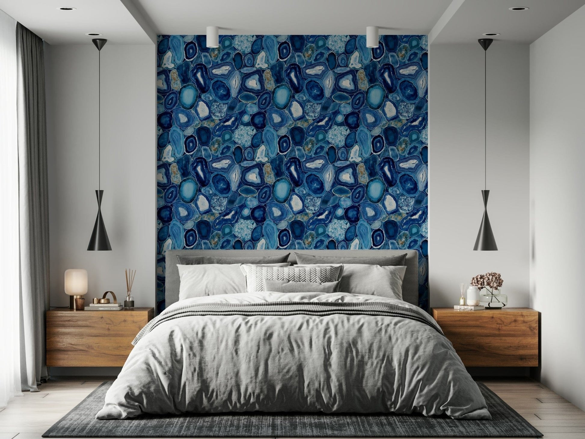 Elegant wallpaper featuring blue agate stone slices with natural patterns