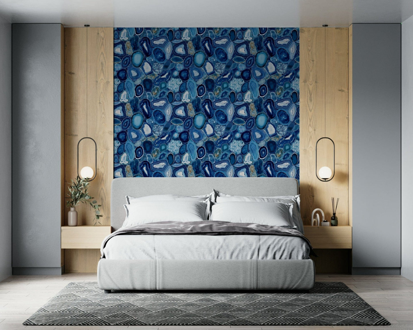 Nature-inspired wall art with cross-sections of deep blue agate gemstones