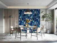 Modern wallpaper design featuring shimmering blue agate slices and patterns