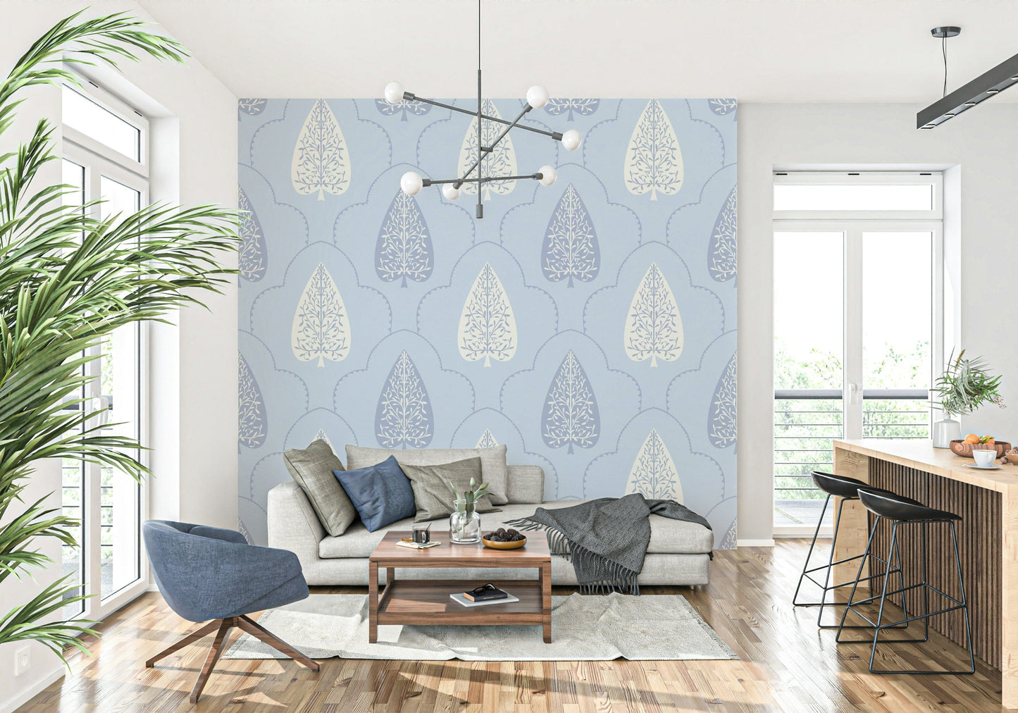 Tranquil blue scallop wall mural, Arbor Branch Harmony, refined interior feature.