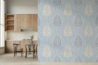 Pale blue ogee framed wallpaper for calming nursery style, Arbor Branch Harmony.