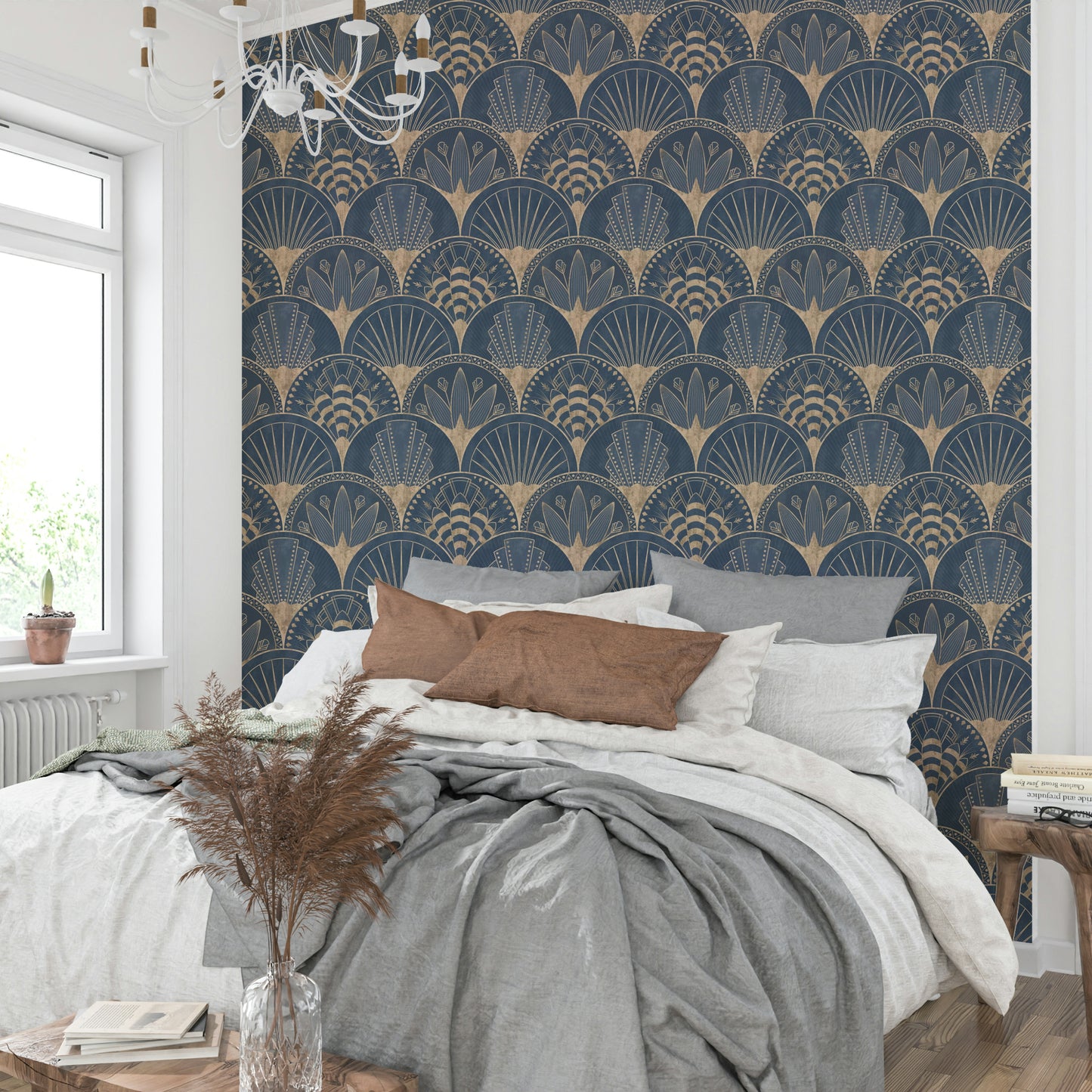 Bold blue wallpaper with gold

