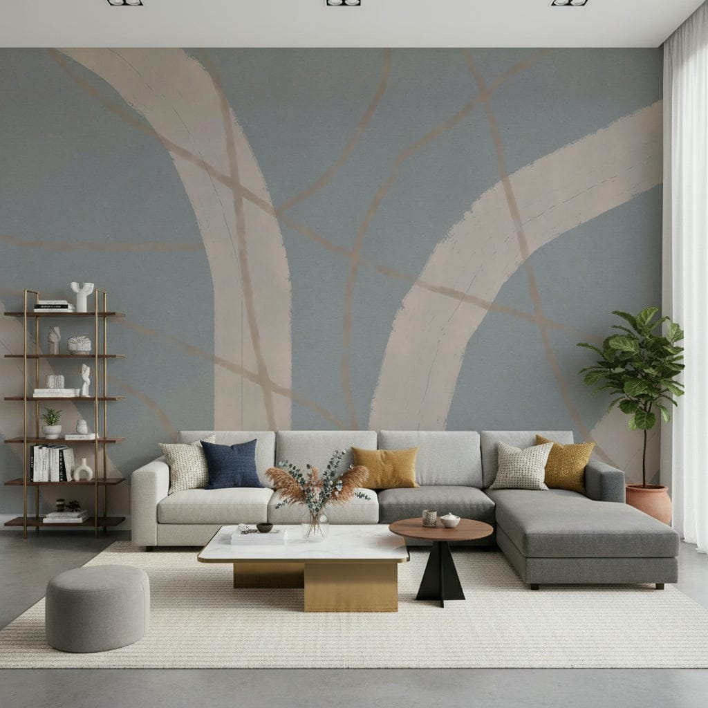 A peaceful modern abstract mural on decorative wallpaper.