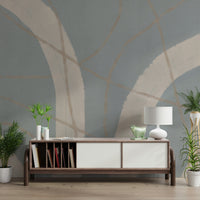 An artistic modern pattern mural on minimalist wallpaper.