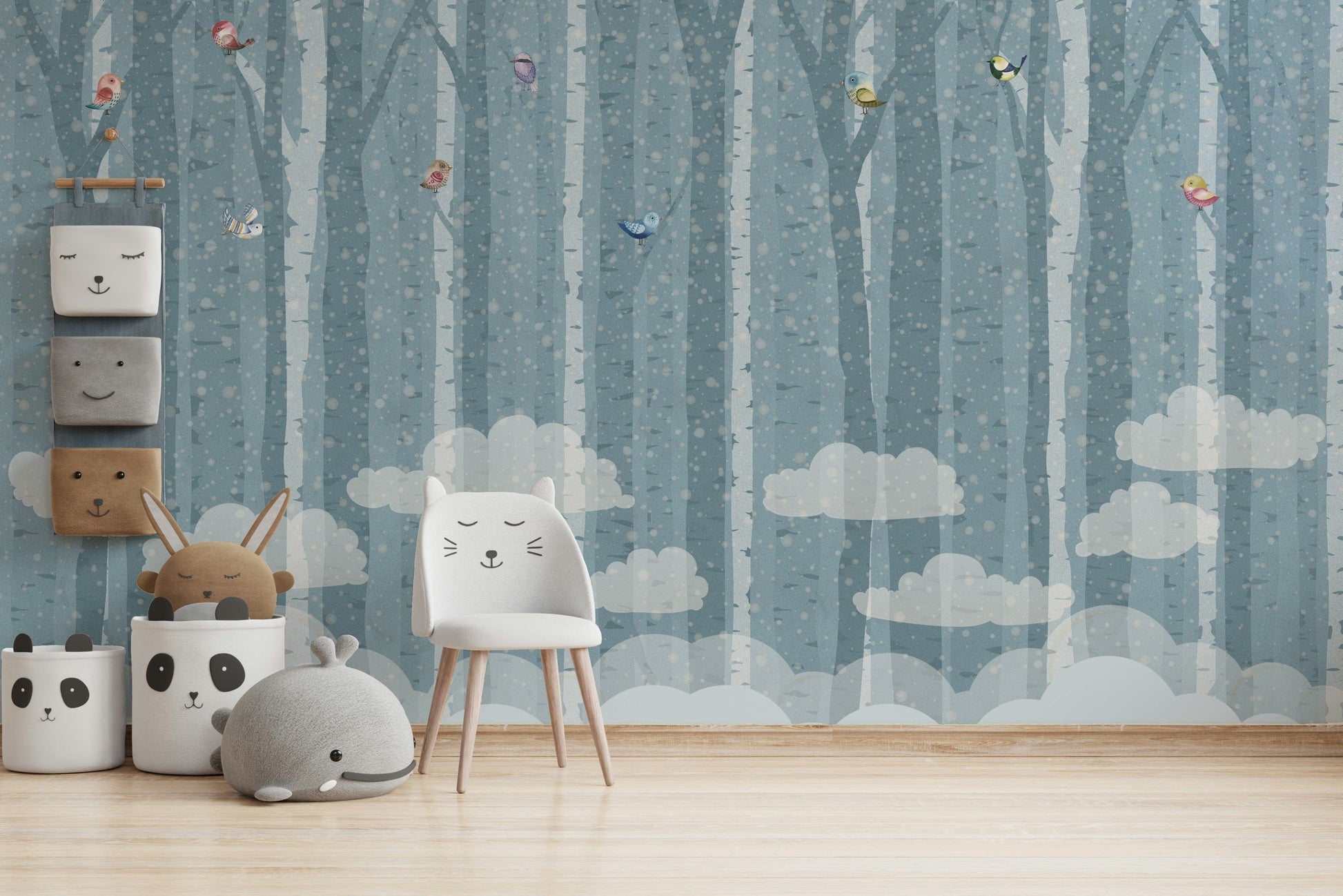 The colors are soft and gentle, with pale blues and whites.

