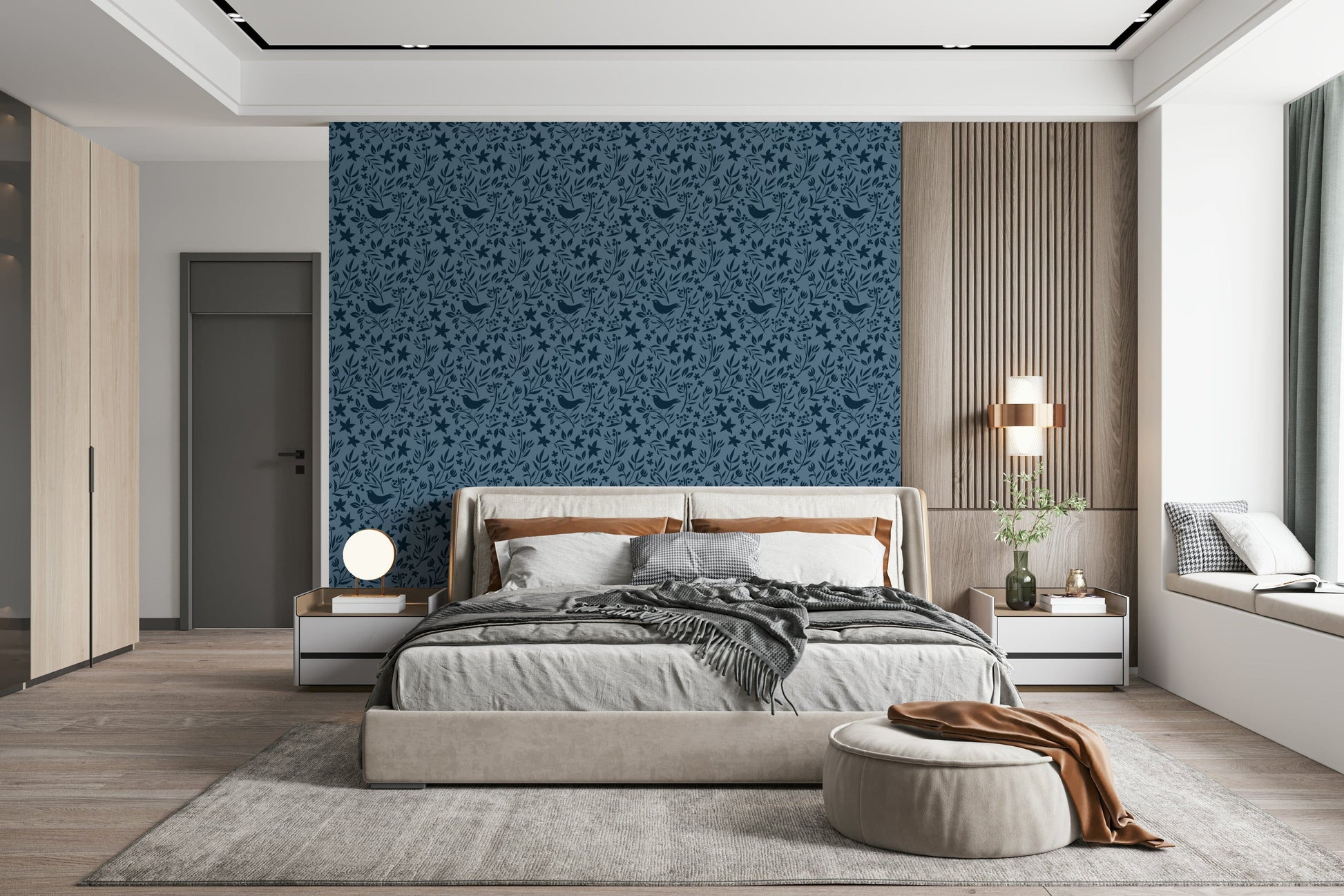 Calming wallpaper, navy blue silhouettes, peaceful avian theme.