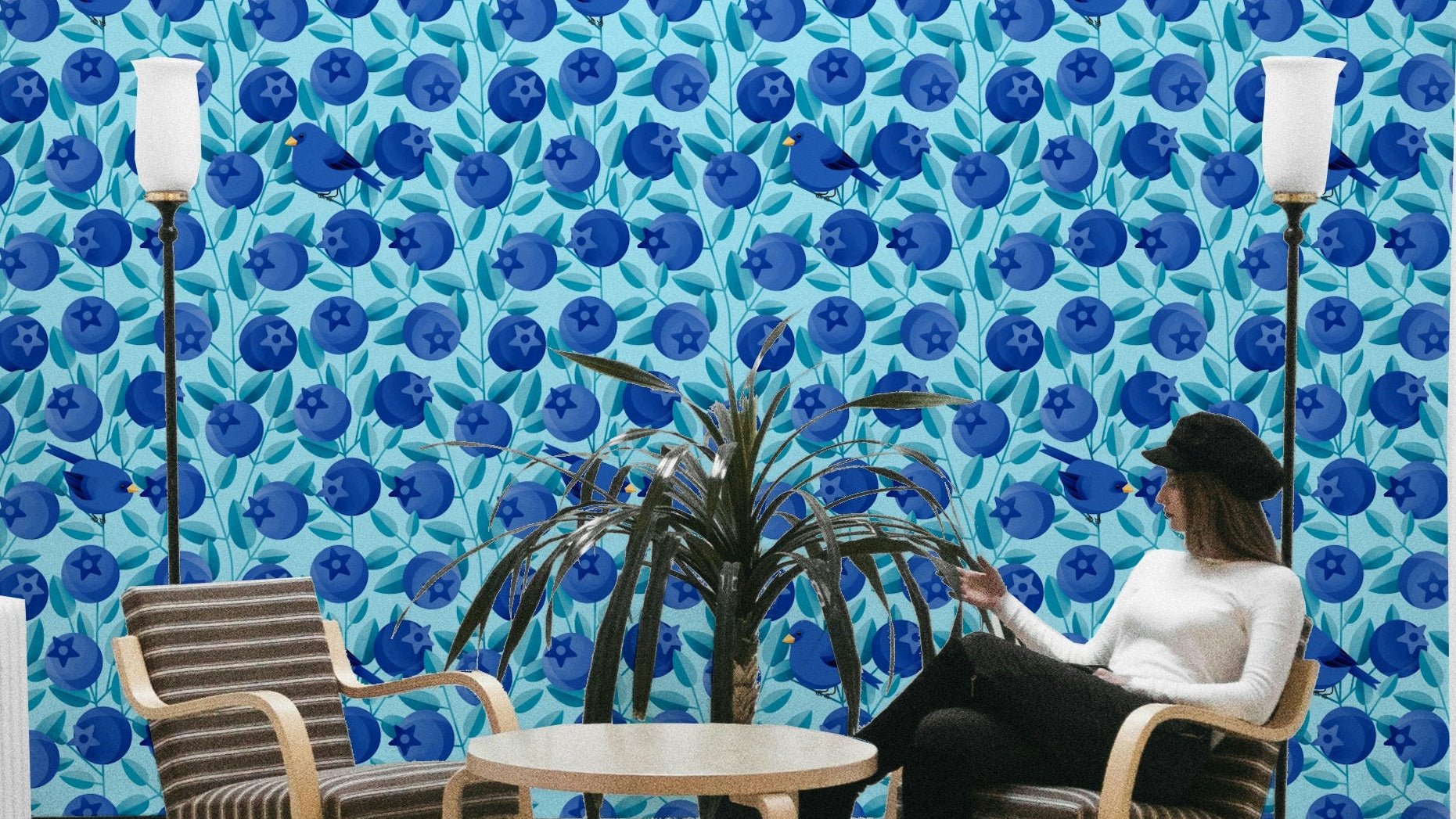 Blue birds among blueberries wallpaper

