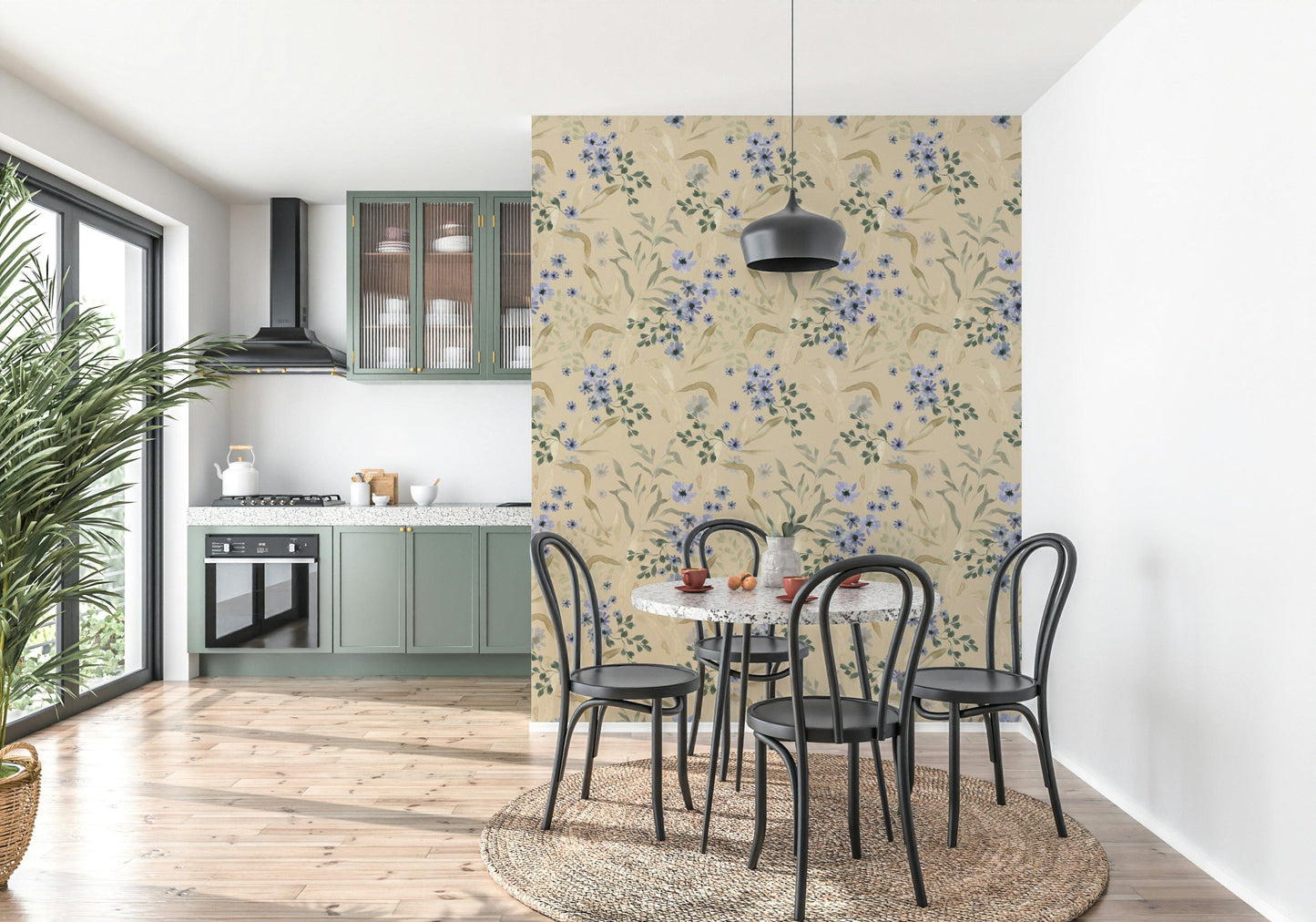 Elegant watercolor flowers forming a light, airy wall design.