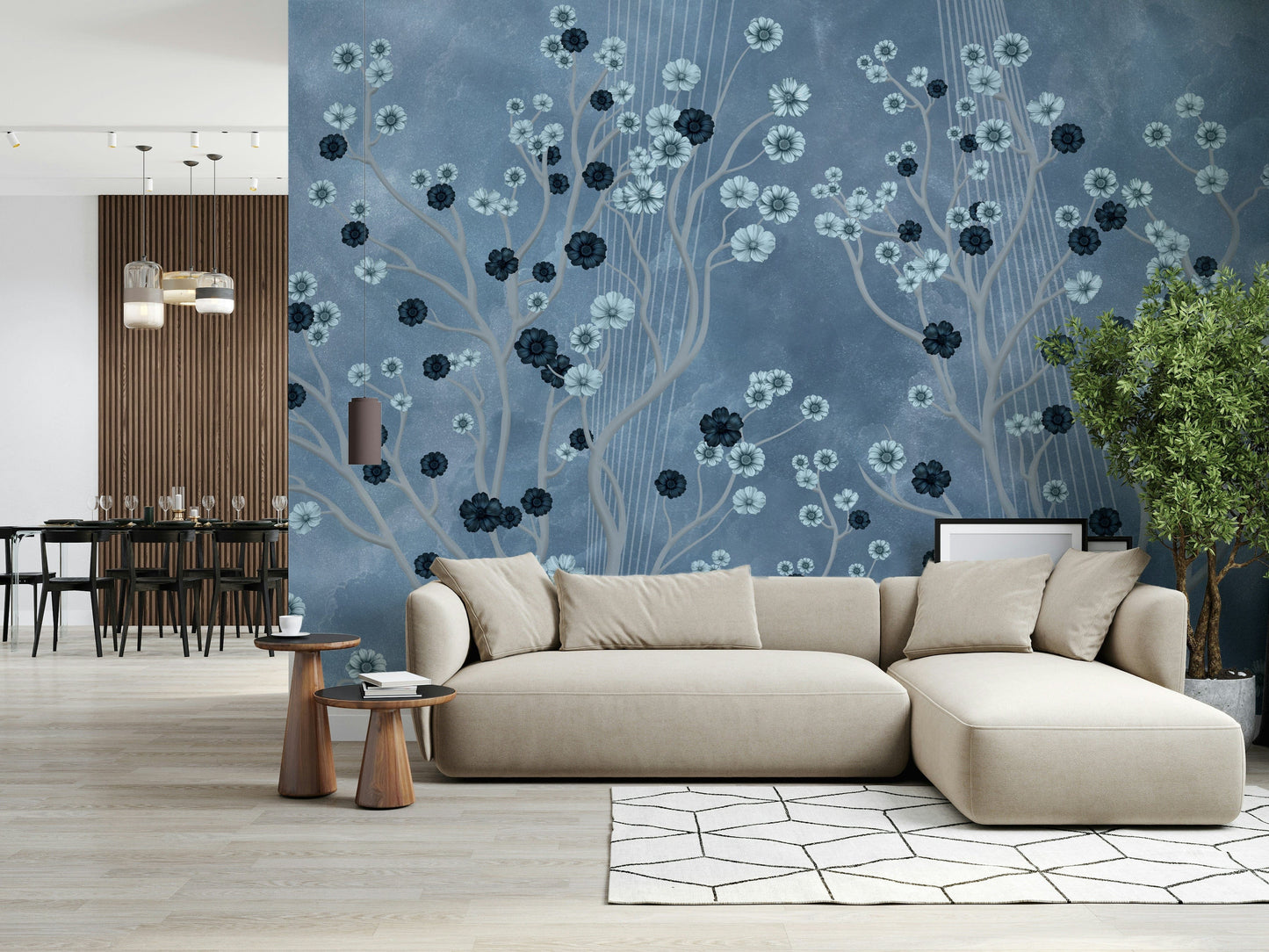 Flower canopy mural in entryway, modern home décor focal wall
