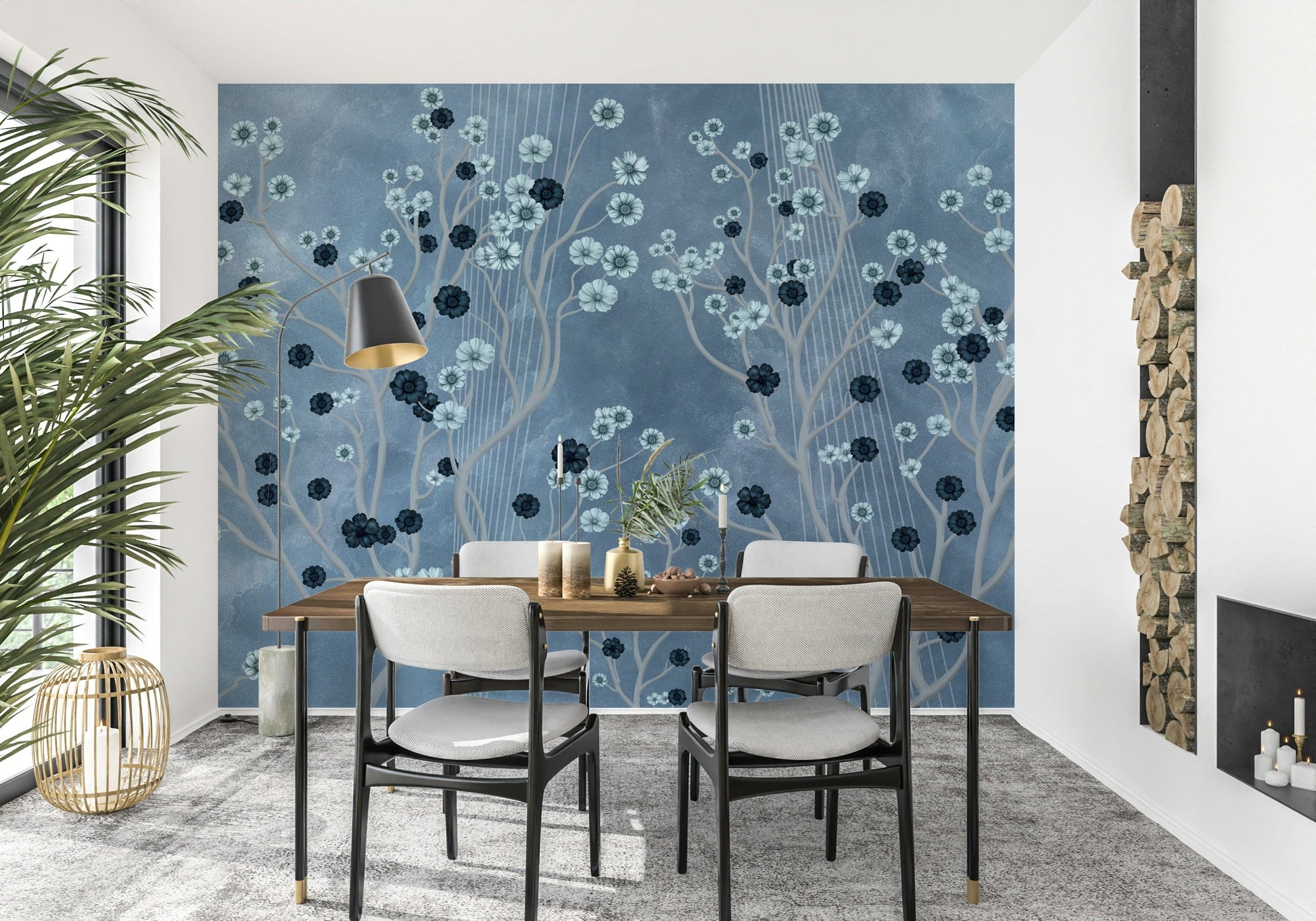 Indigo floral canopy mural in bedroom, soft colour and detail