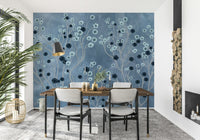 Indigo floral canopy mural in bedroom, soft colour and detail