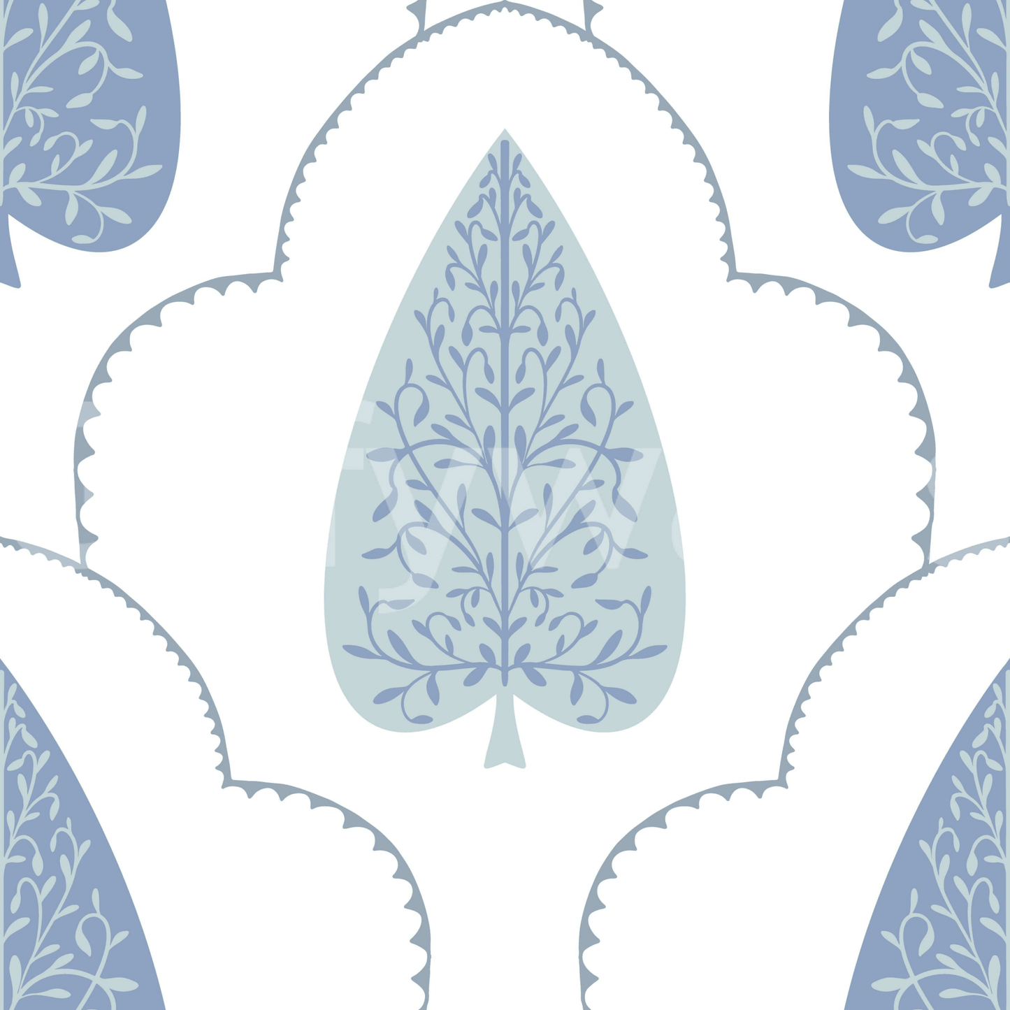 Scalloped Blue Botanic Arbor mural, repeating geometric frame.