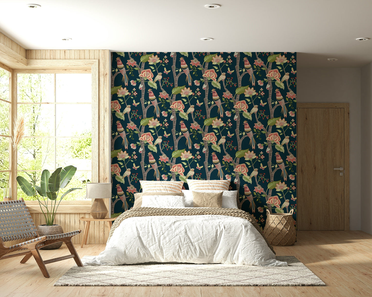 Tropical-inspired wallpaper featuring elegant birds resting on flowering branches with detailed leaves.