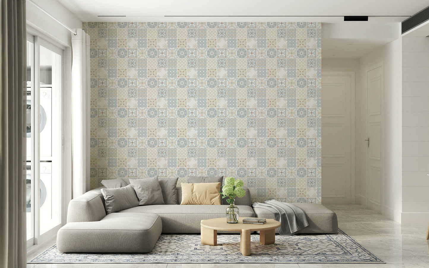 Vintage Folk Tiles ‚Äì Blue Breeze Wallpaper‚Å†