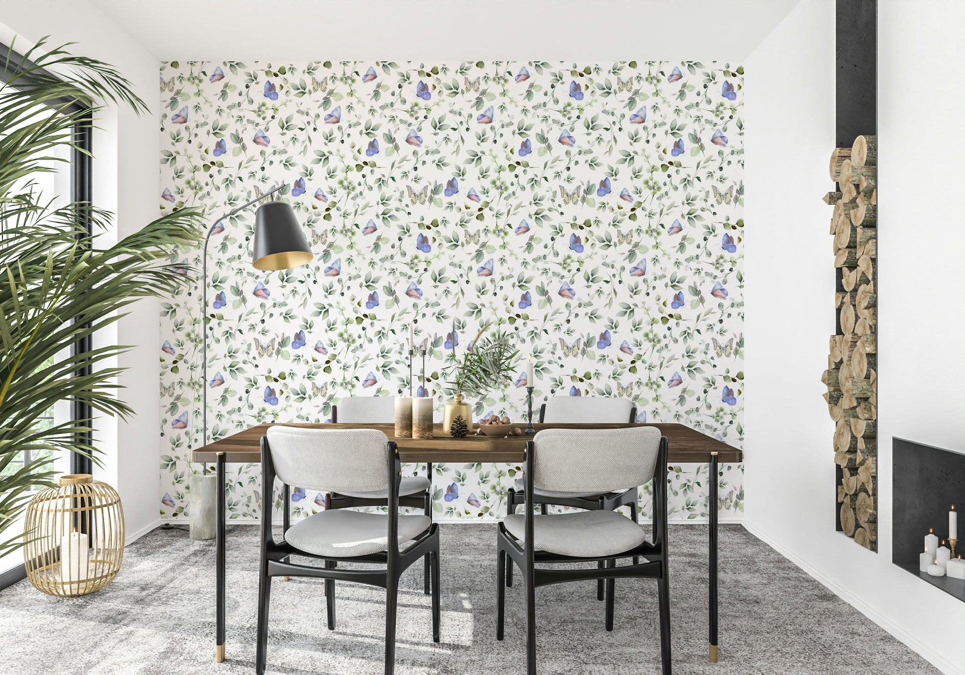 Blue Pastel Butterfly Garden Wallpaper as a feature wall in a contemporary dining area.