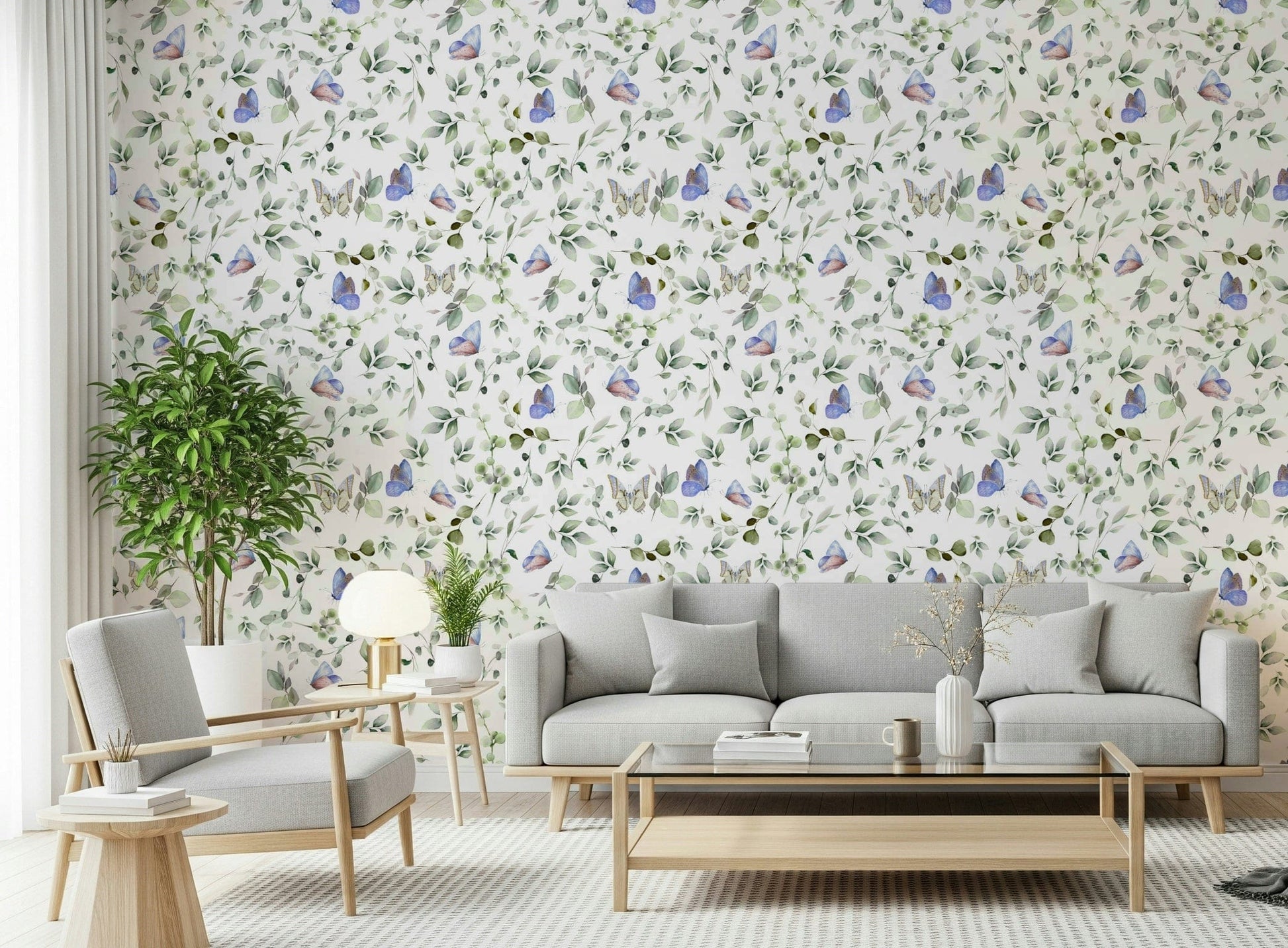 Blue Pastel Butterfly Garden Wallpaper providing a soft background for a home workspace.