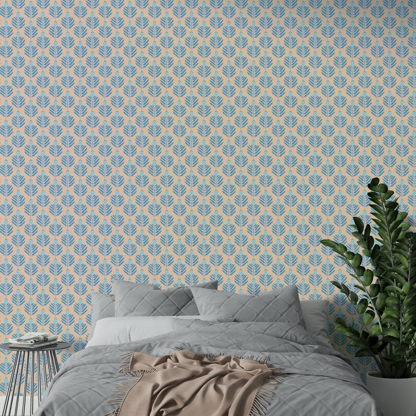 Blue jungle-inspired chunky plant wallpaper with jewel highlights

