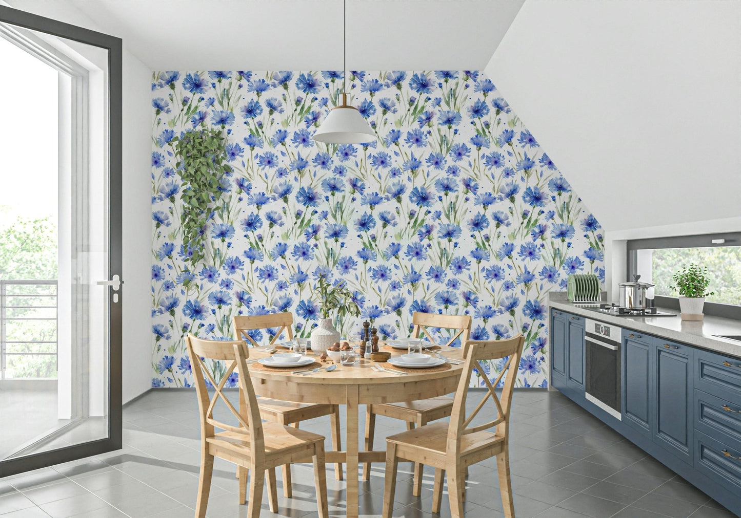 Blue Cornflower Dream removable wall decor, hand-painted flower wallpaper.