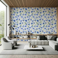 Blue Cornflower Dream botanical elegance, charming wildflower wall pattern.