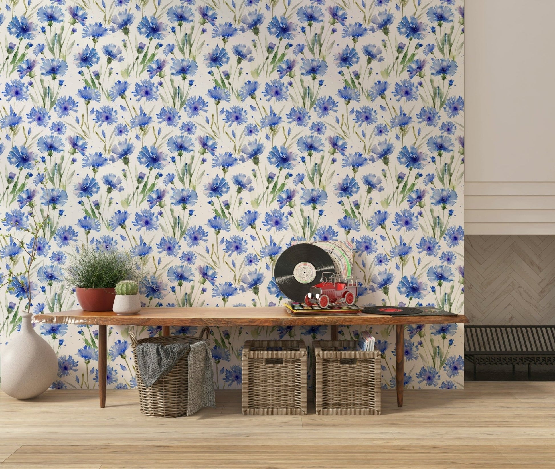 Wallpaper Blue Cornflower Dream, artistic meadow bloom repeating design.