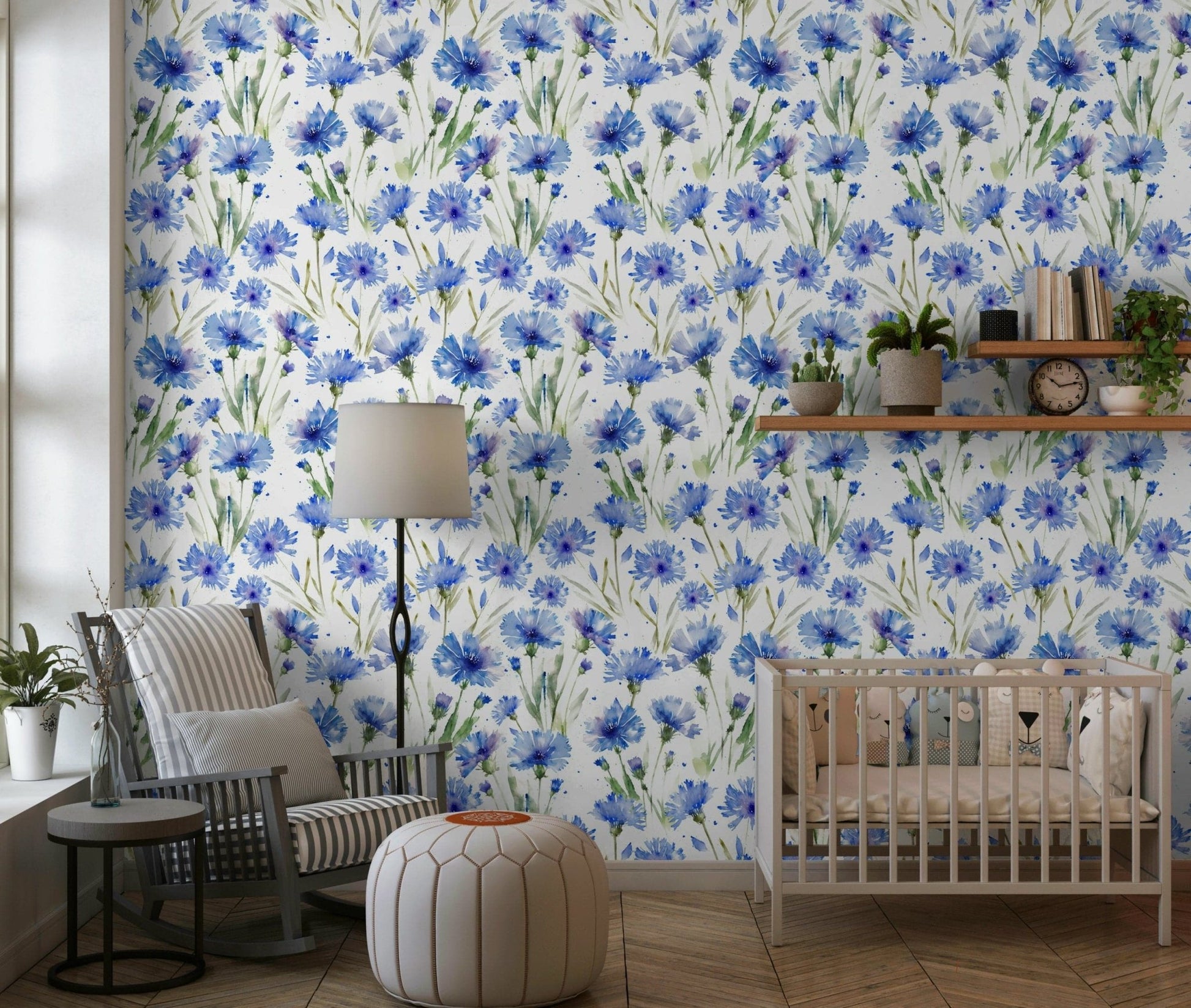 Designer wallpaper Blue Cornflower Dream, lovely azure flower pattern.