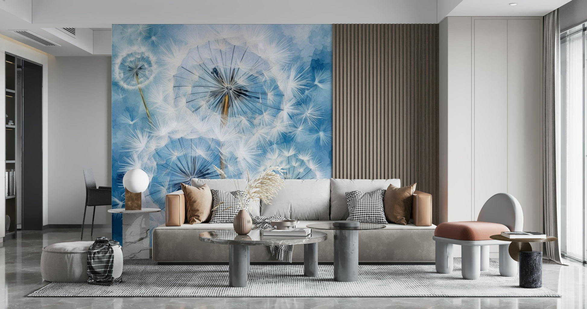 Dreamy Dandelion Wallpaper Mural – Elegant depiction of white dandelions against a pastel, blurred sky backdrop.