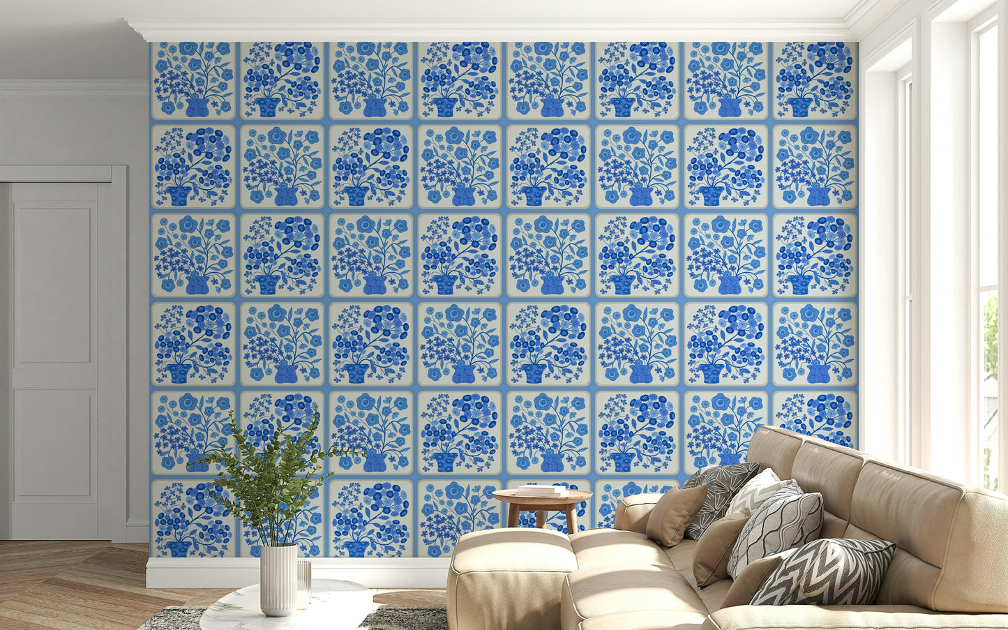 Vintage tile-style floral wallpaper for apartment entryway, clean blue on white