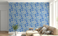 Vintage tile-style floral wallpaper for apartment entryway, clean blue on white