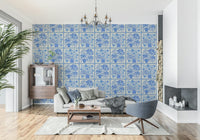Floral light delft blue tile wall mural in dining nook, classic ceramic look