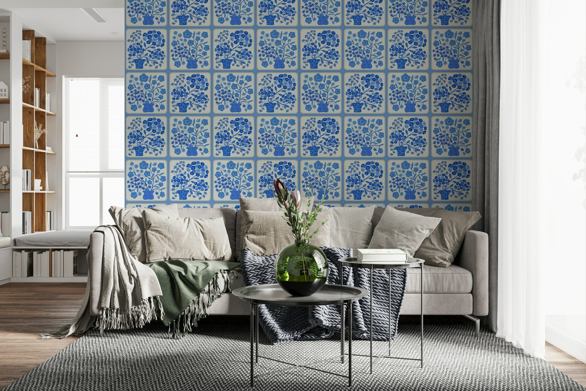 Blue bouquet tile wallpaper behind open shelves in modern kitchen, glossy tile feel