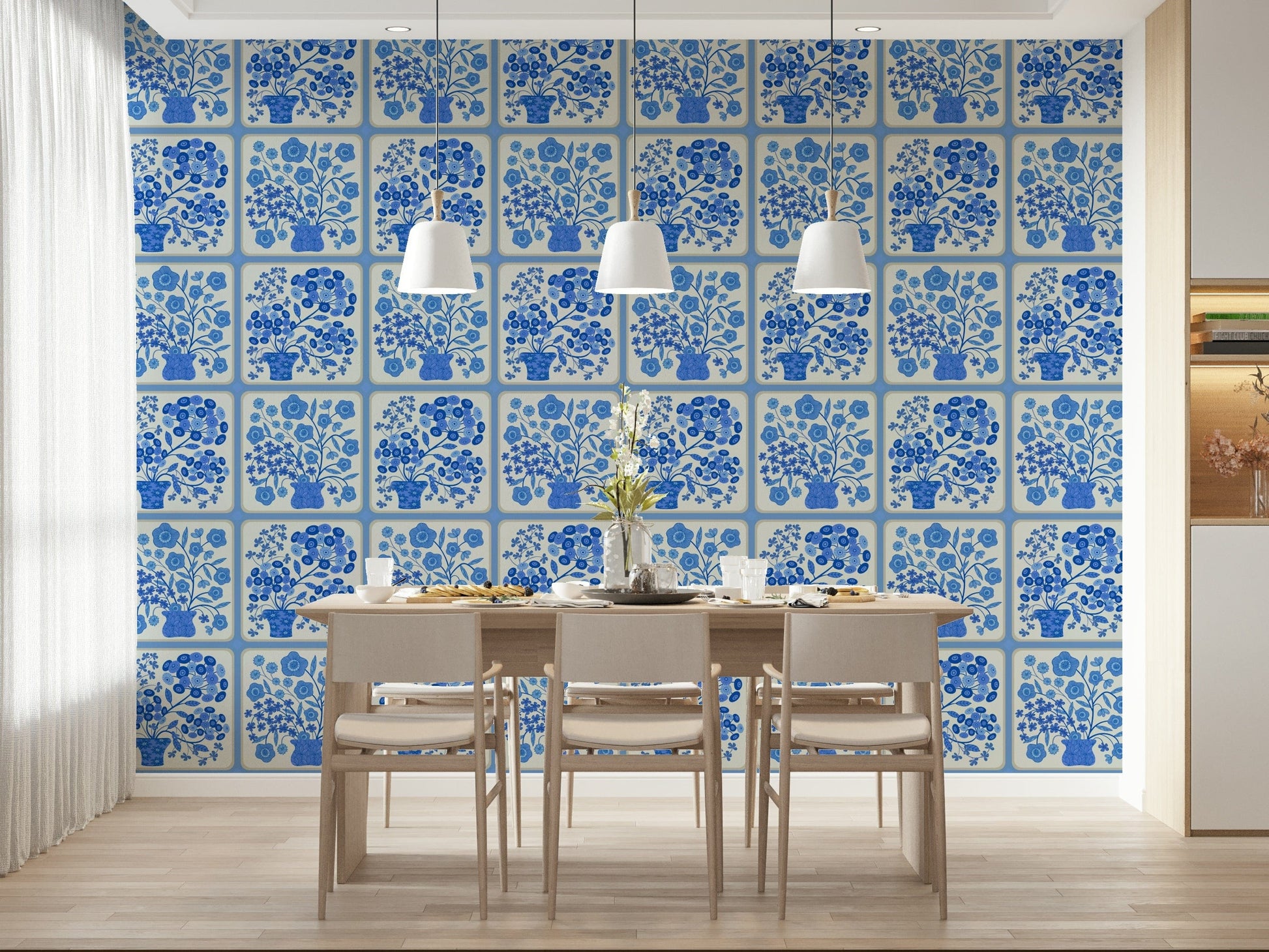 Blue and white floral tile mural for office kitchenette wall decor, neat grid layout