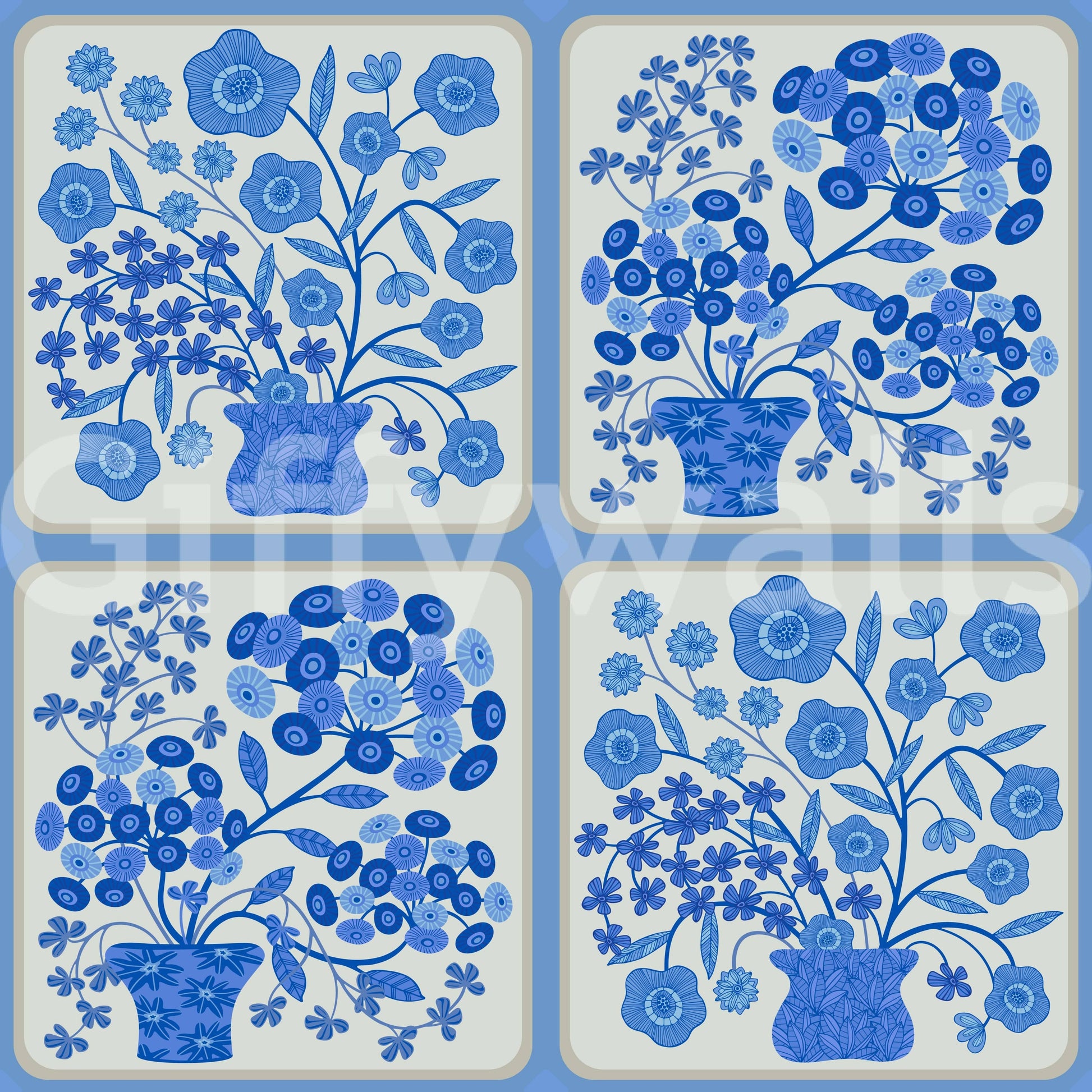 Floral tile pattern wallpaper for bedroom accent wall, light blue bouquets and stems