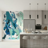 A peaceful geometric design mural on decorative wallpaper.

