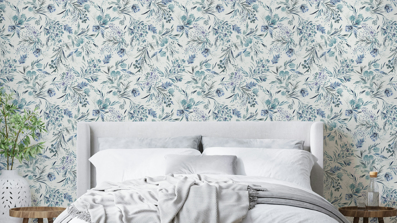 Festive floral wallpaper with minimal blue plants

