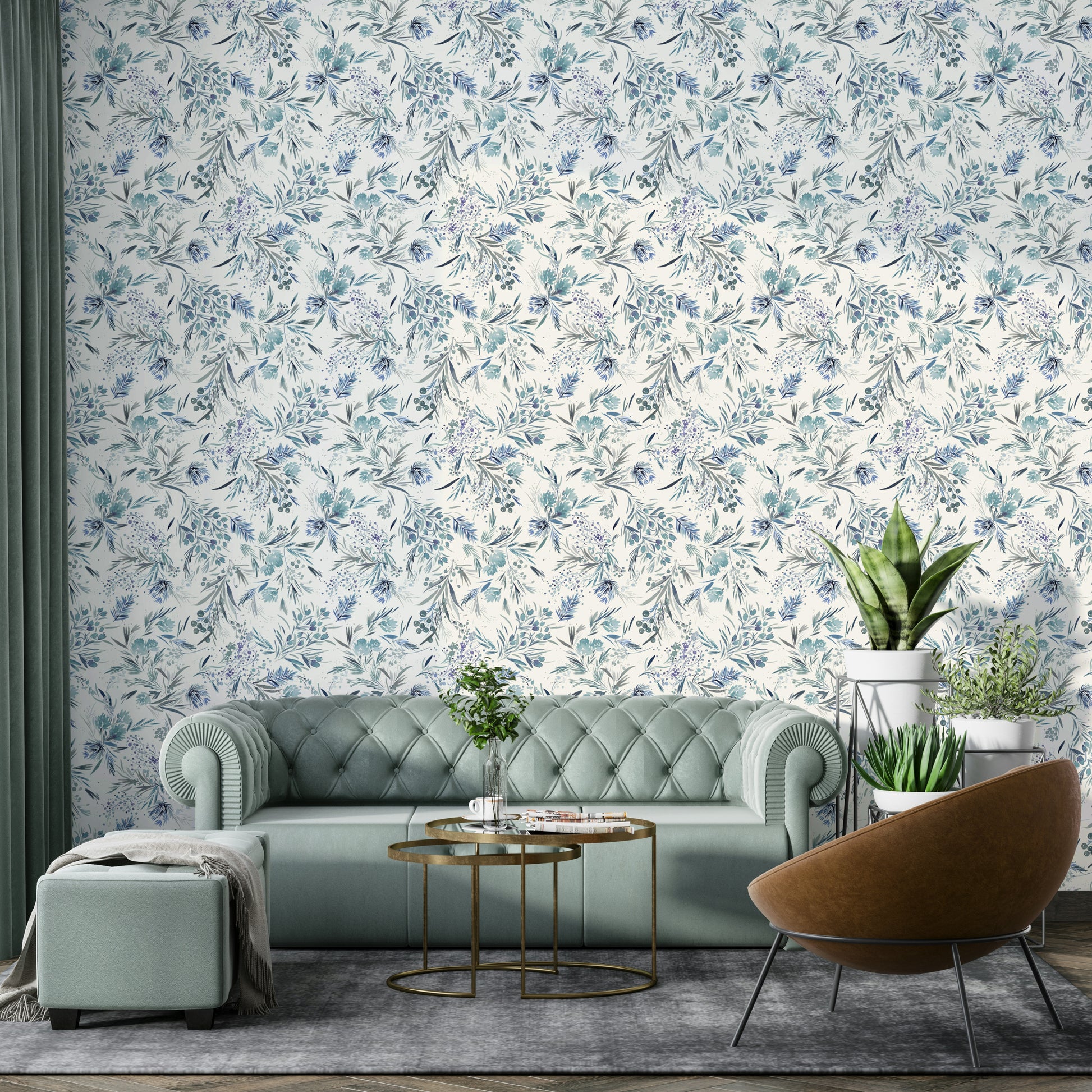 Blue minimal plant pattern wallpaper for interiors

