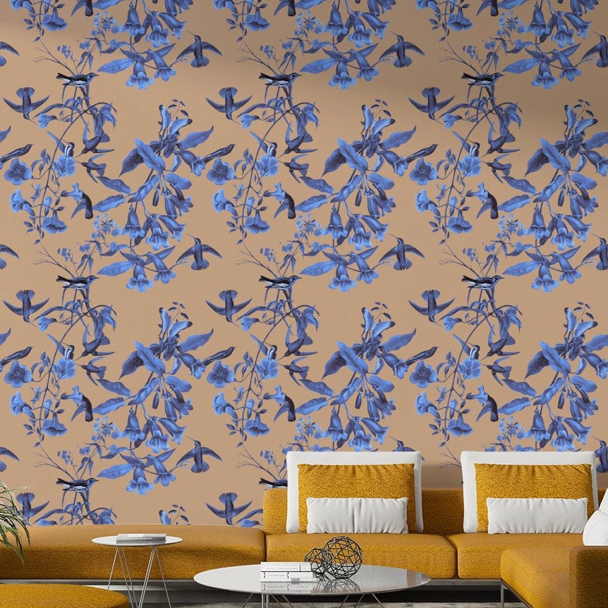 A peaceful botanical garden mural on decorative wallpaper.

