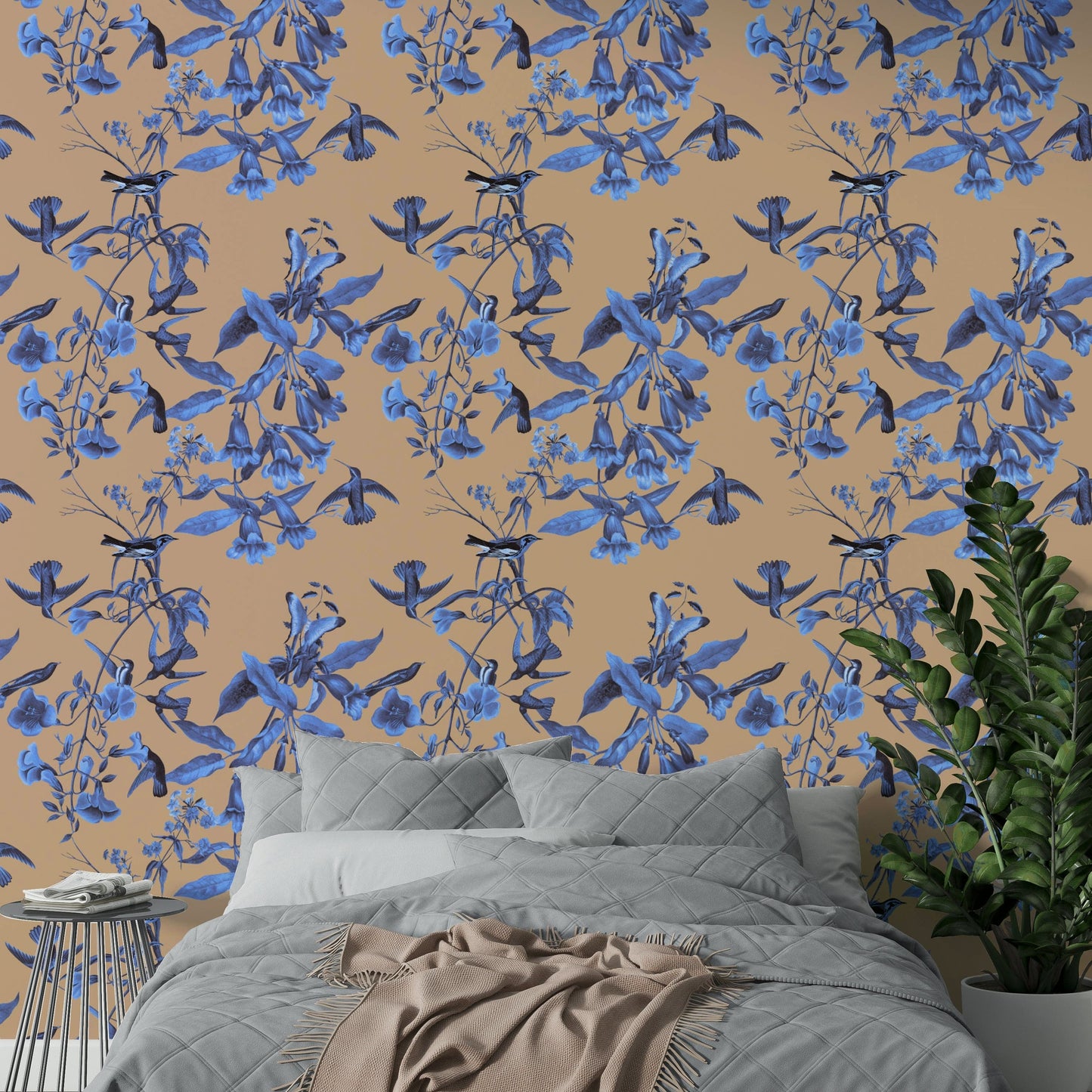 A graceful subtle bloom wall mural in cool, natural tones.

