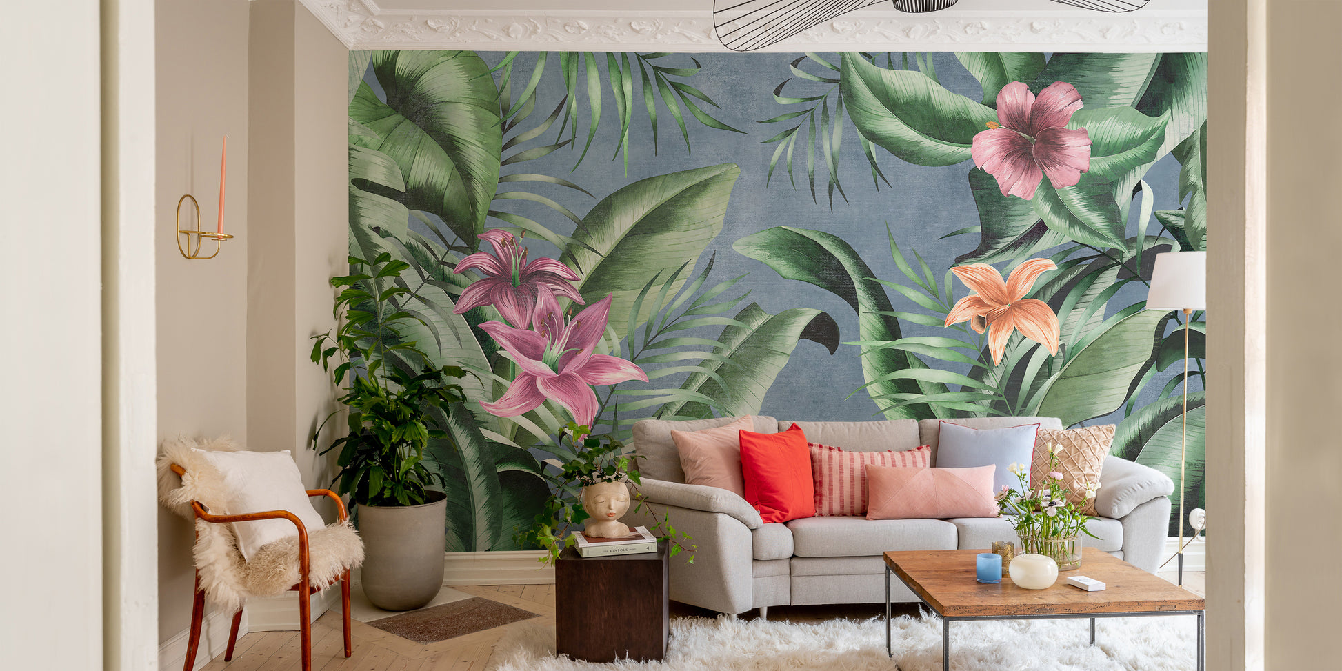 Blue background and green leaves mural for fresh wall aesthetics.
