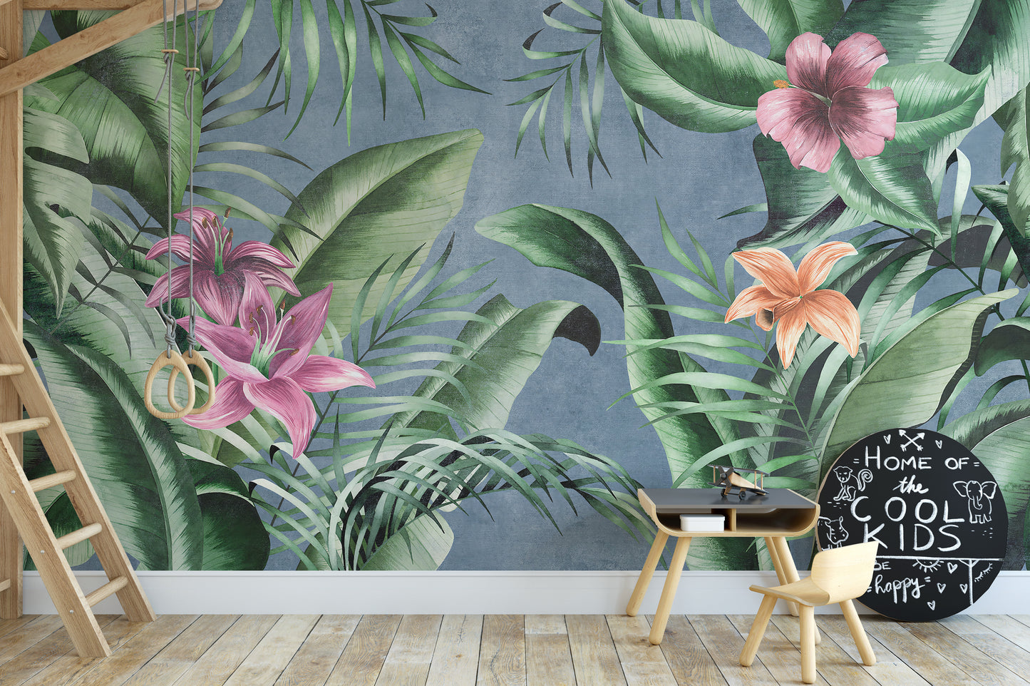 Elegant floral wallpaper mural featuring green leaves on blue.
