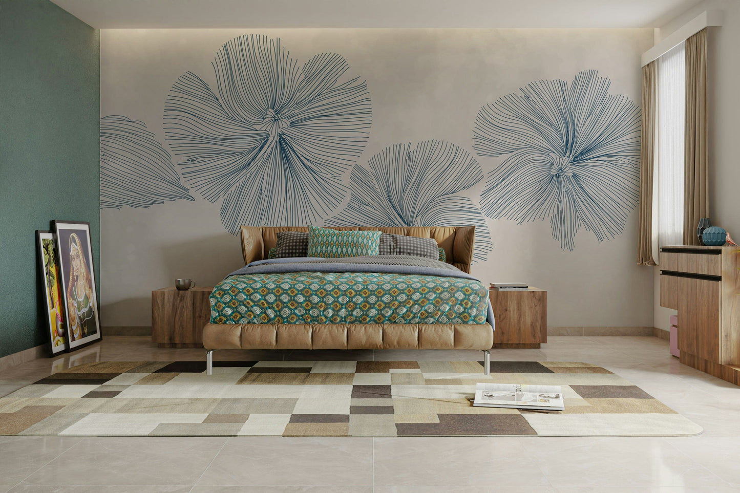 The design features stylized, linear flowers and stems.

