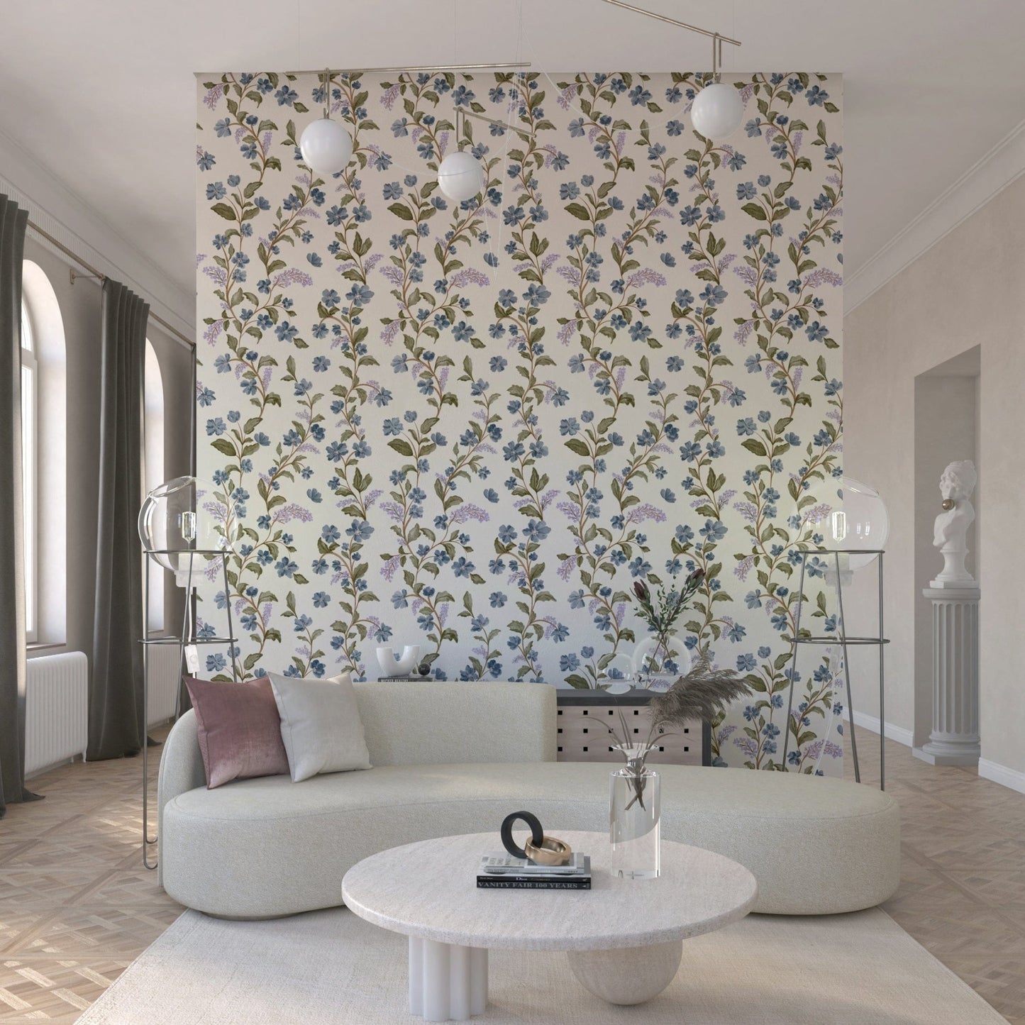 Elegant spring meadow Blue Floral Vines wall mural fresh botanical branch print