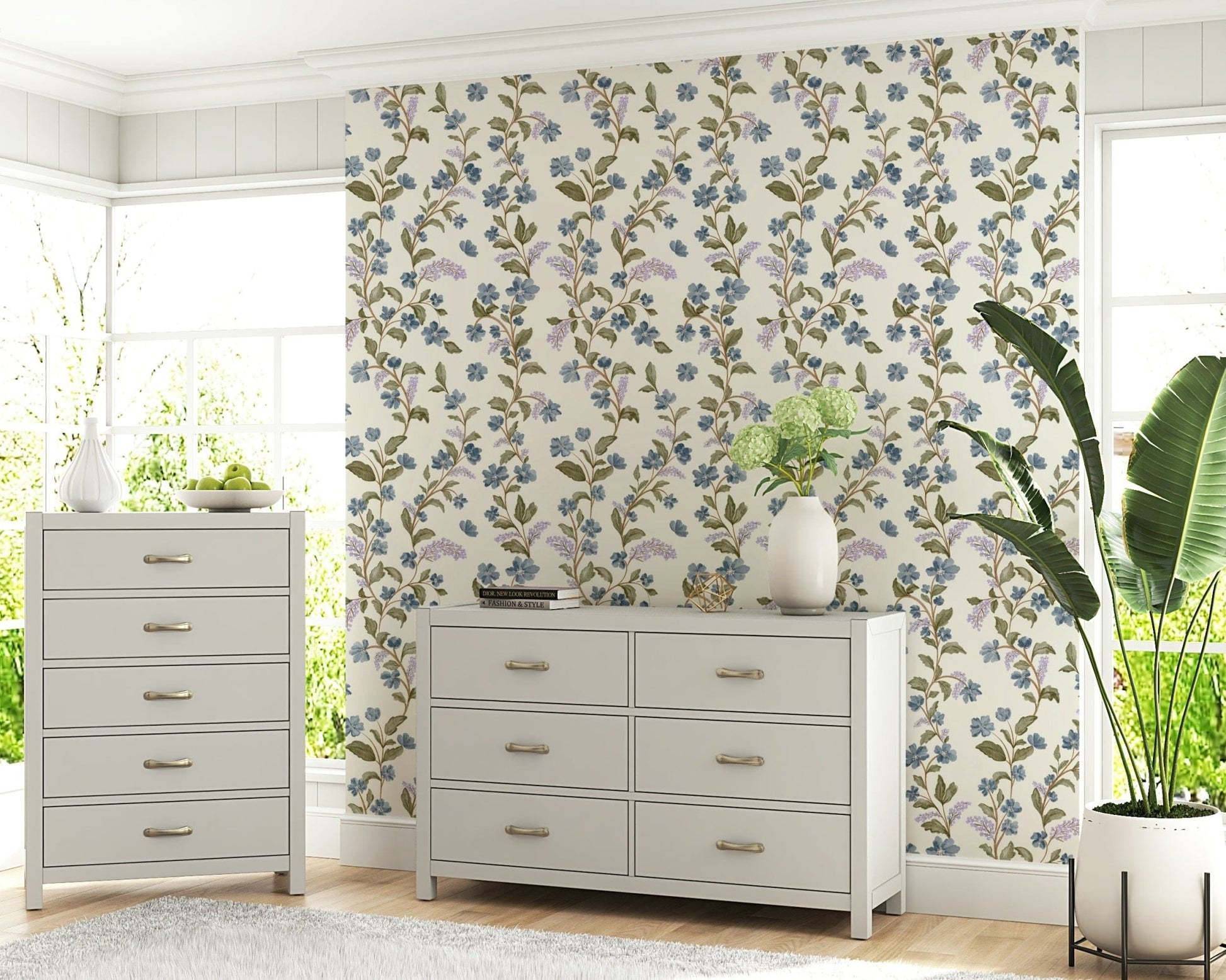 Delicate cottagecore wallpaper Blue Floral Vines sage green leaves nursery decor