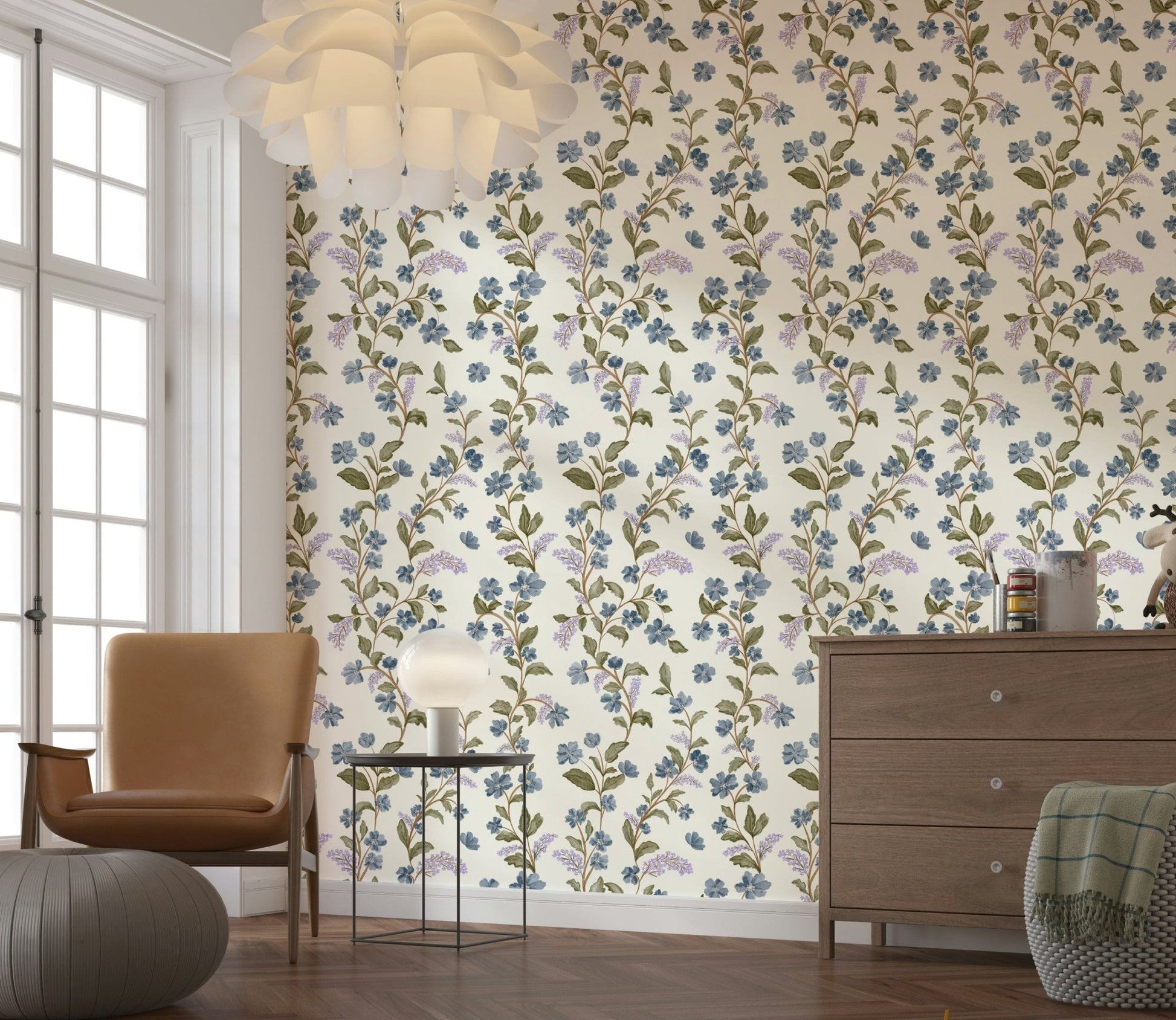 Soft watercolor petal Blue Floral Vines wall decor serene nature texture