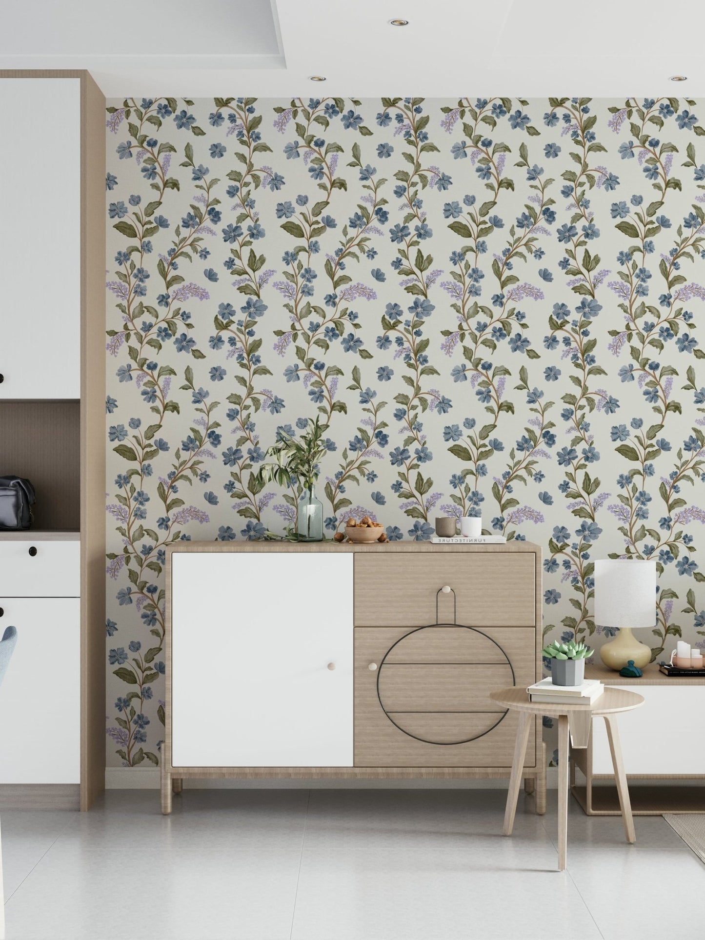 Romantic lilac accents Blue Floral Vines wallpaper trailing foliage motif gentle vibe